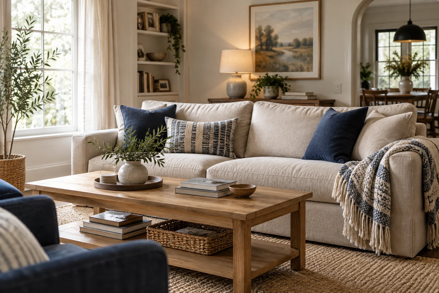 Illustration of a living room with a light sofa, blue cushions and natural daylight.
