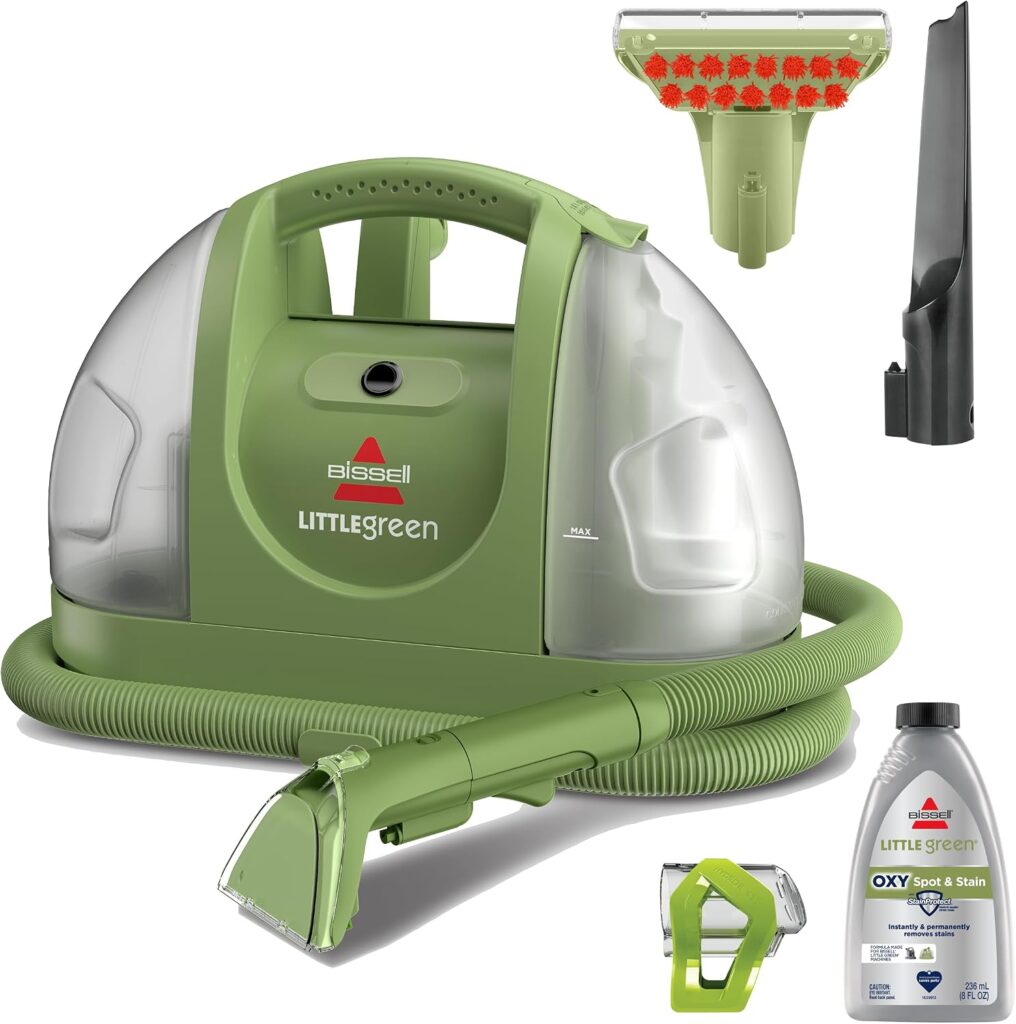 BISSELL Little Green. Green portable cleaner with shown cleaning tools.