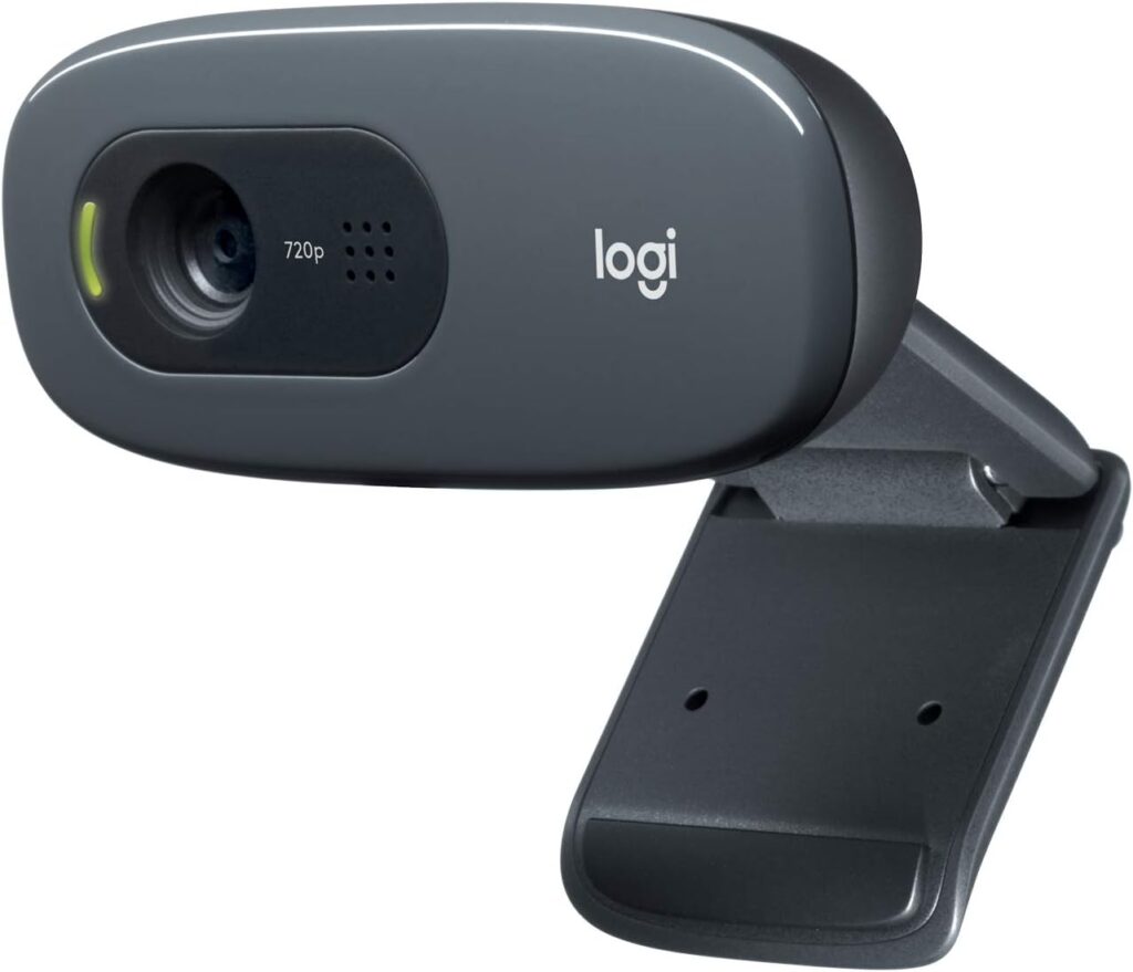 Logitech C270. Dark webcam with folding mounting clip.
