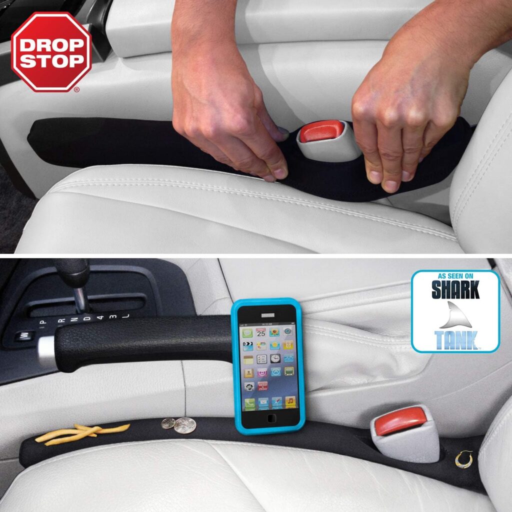 Drop Stop seat gap fillers. Black seat gap fillers shown installed in a car.