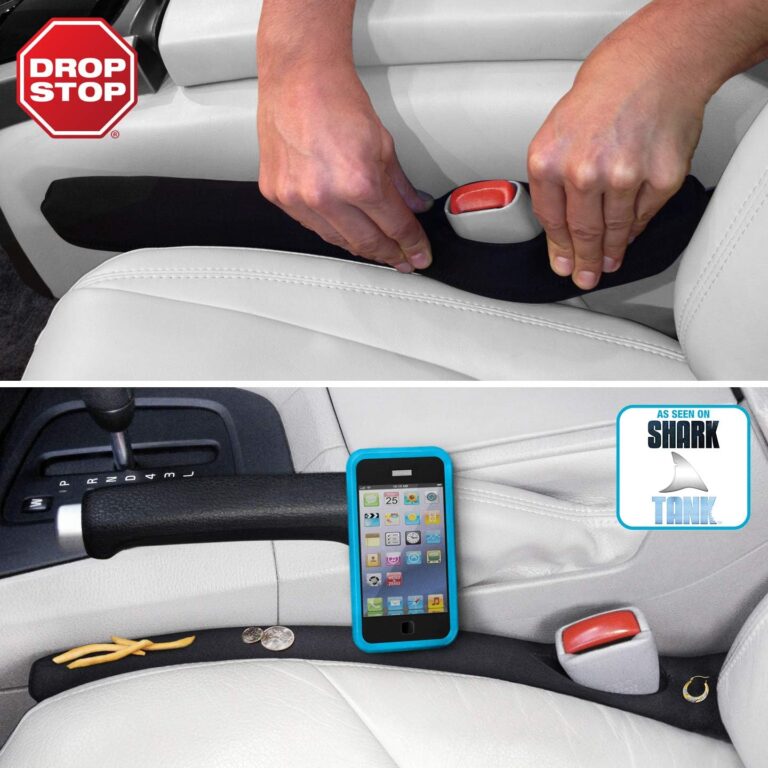 Drop Stop seat gap fillers. Black seat gap fillers shown installed in a car.