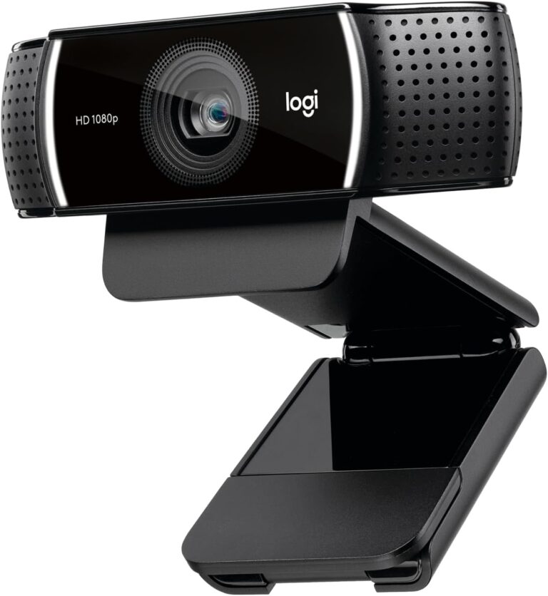Logitech C922x. Black webcam and mounting clip.