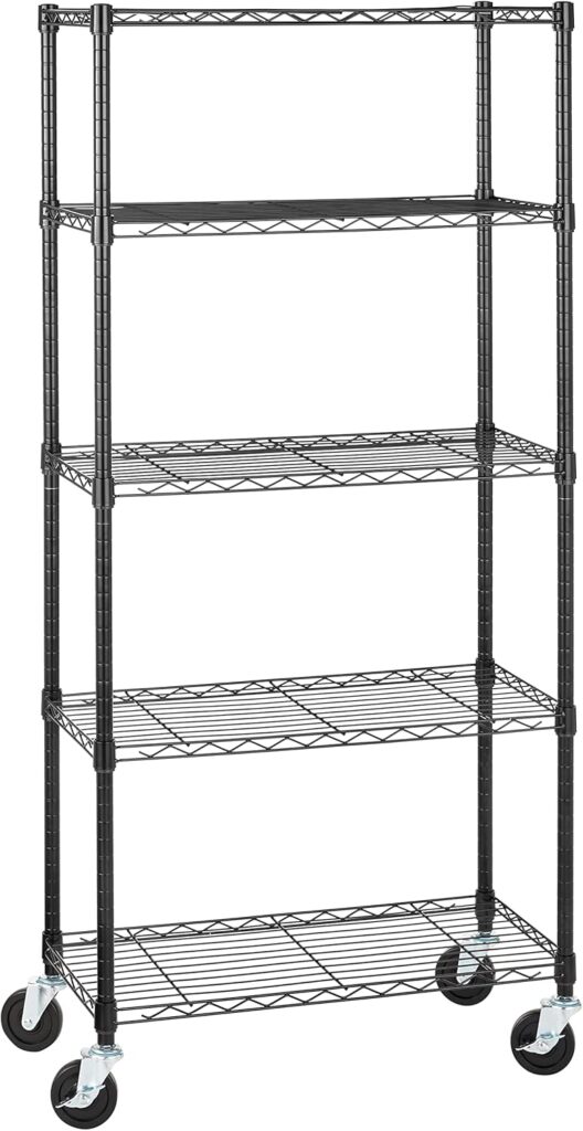 Estantería Amazon Basics de cinco baldas con ruedas — Negro / 30 × 14 × 64,75 pulgadas / ruedas