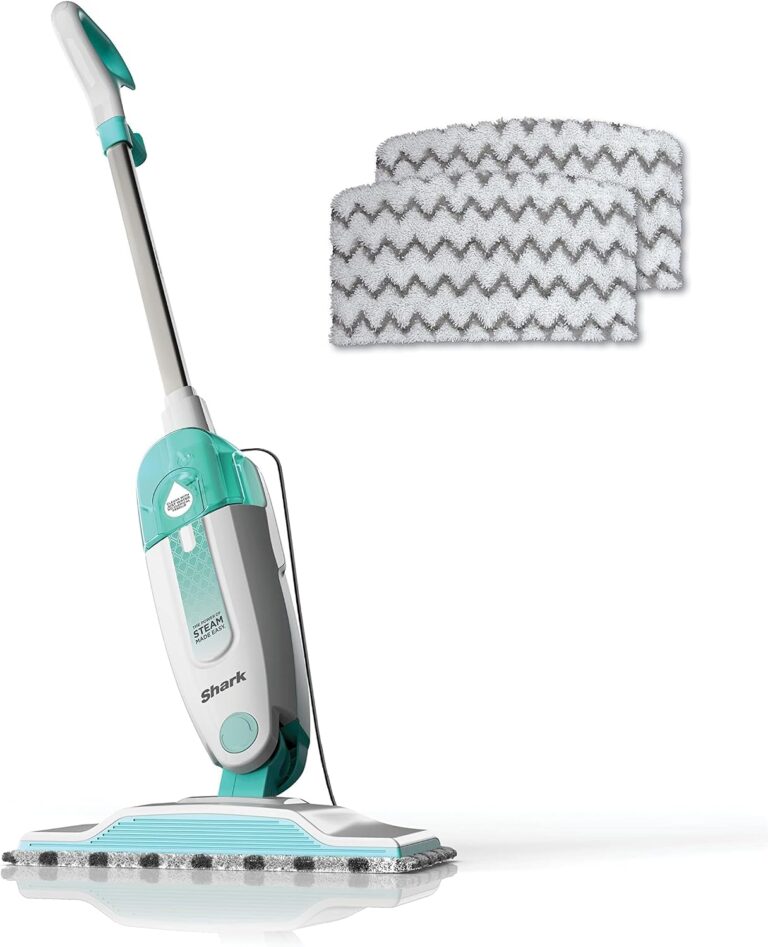 Shark steam mop. White and turquoise steam mop with two pads.
