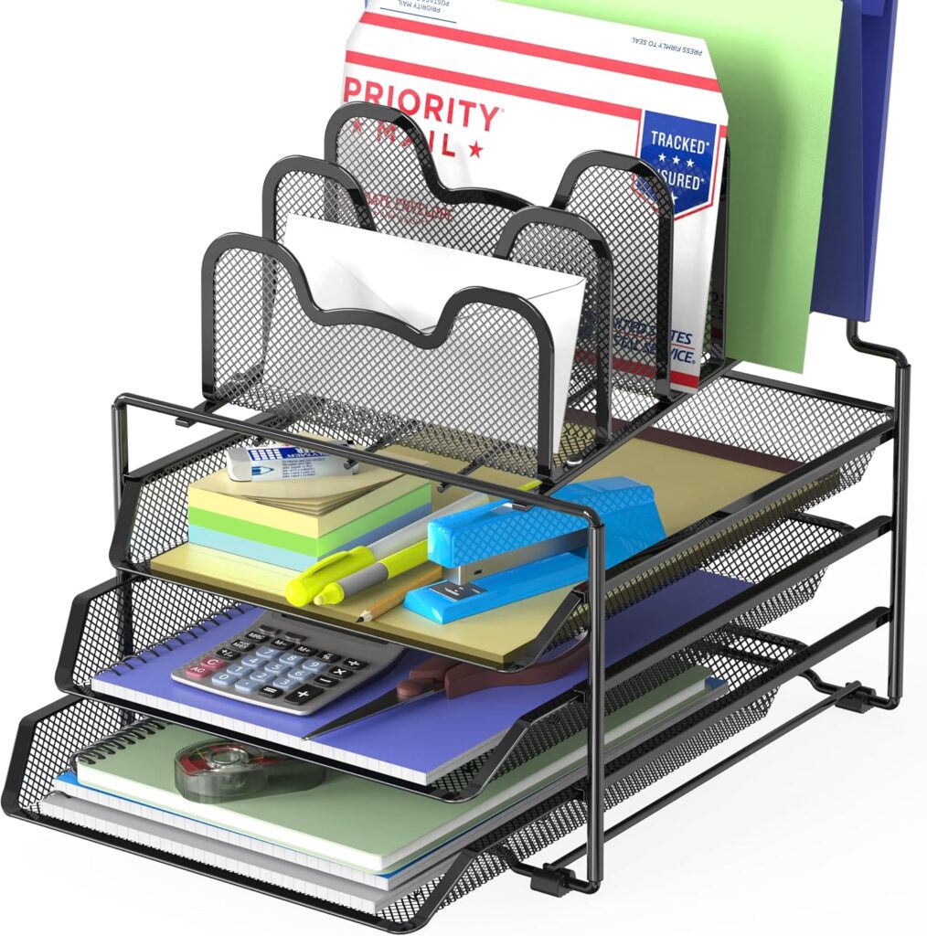 Simple Houseware mesh desk organizer — Black / three trays / five sections