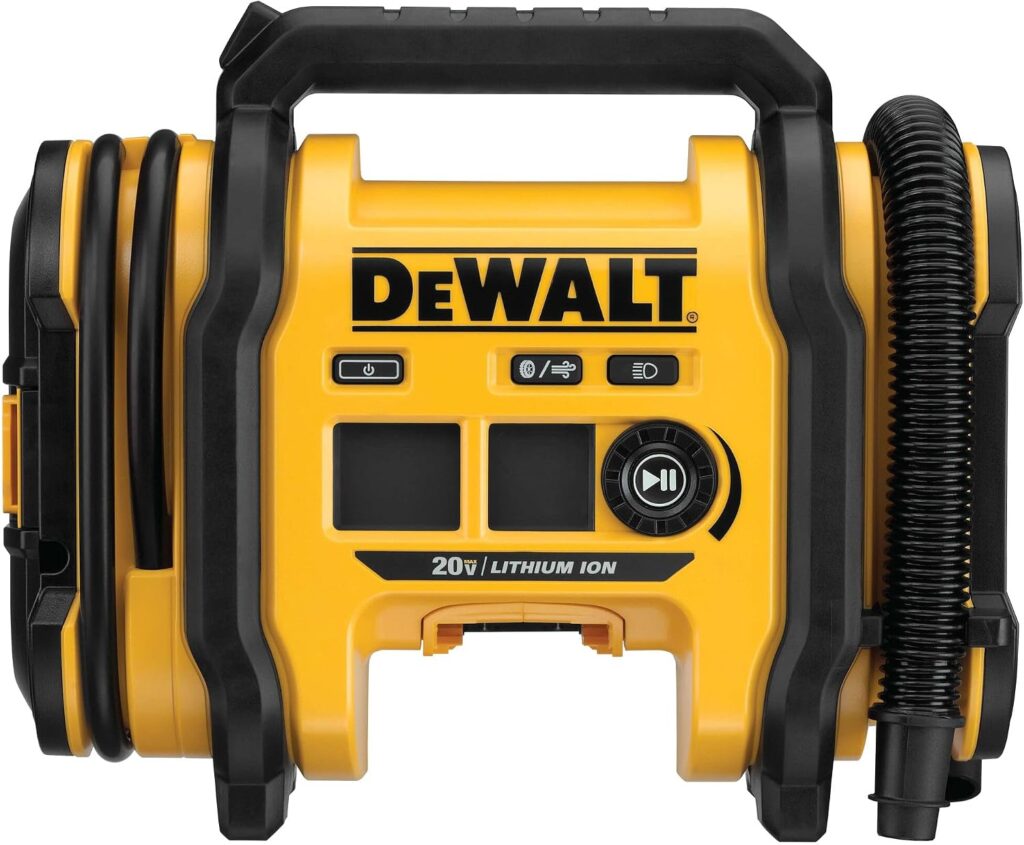 DEWALT portable inflator. Yellow and black inflator without battery.