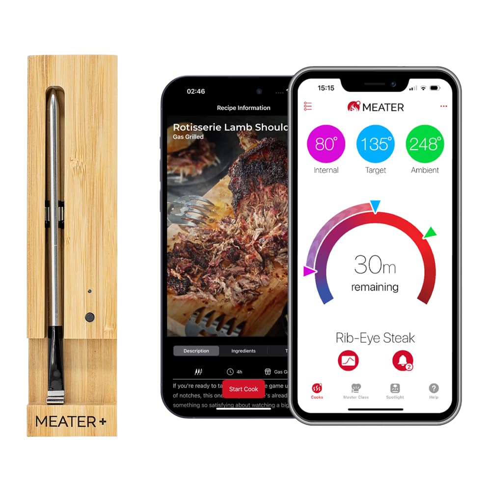 MEATER Plus thermometer. Probe and Honey charging block; phones illustrate the app.