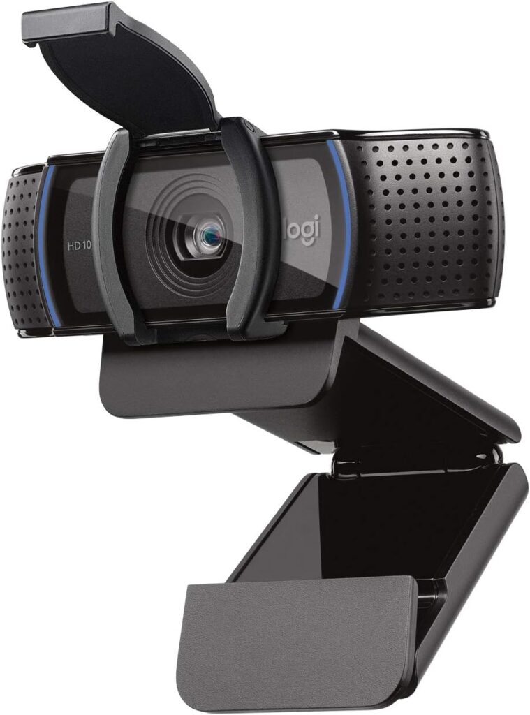 Logitech C920s. Black webcam with open privacy cover and mounting clip.