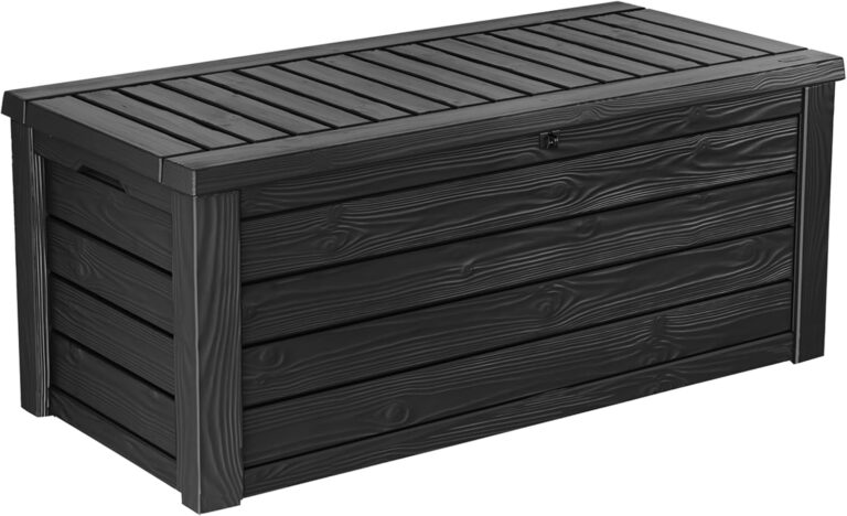 Keter Westwood 150-gallon box. Closed dark grey storage box.
