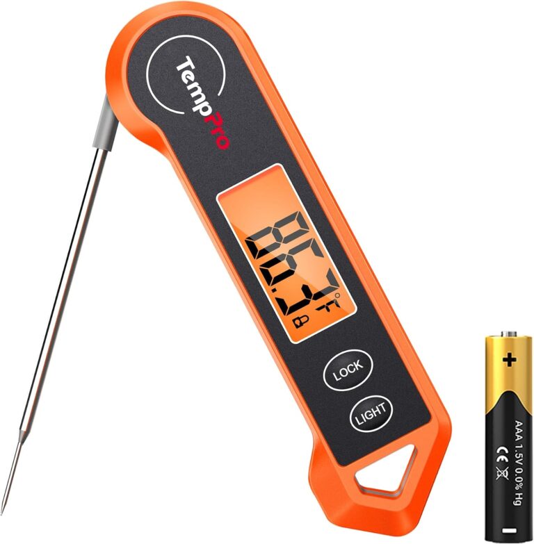 Orange TempPro TP19H folding-probe thermometer with LOCK and LIGHT buttons and one AAA battery.