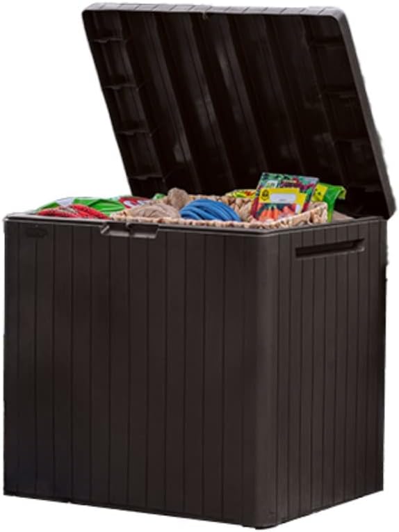 Keter City 30-gallon box. Open brown storage box with example contents.