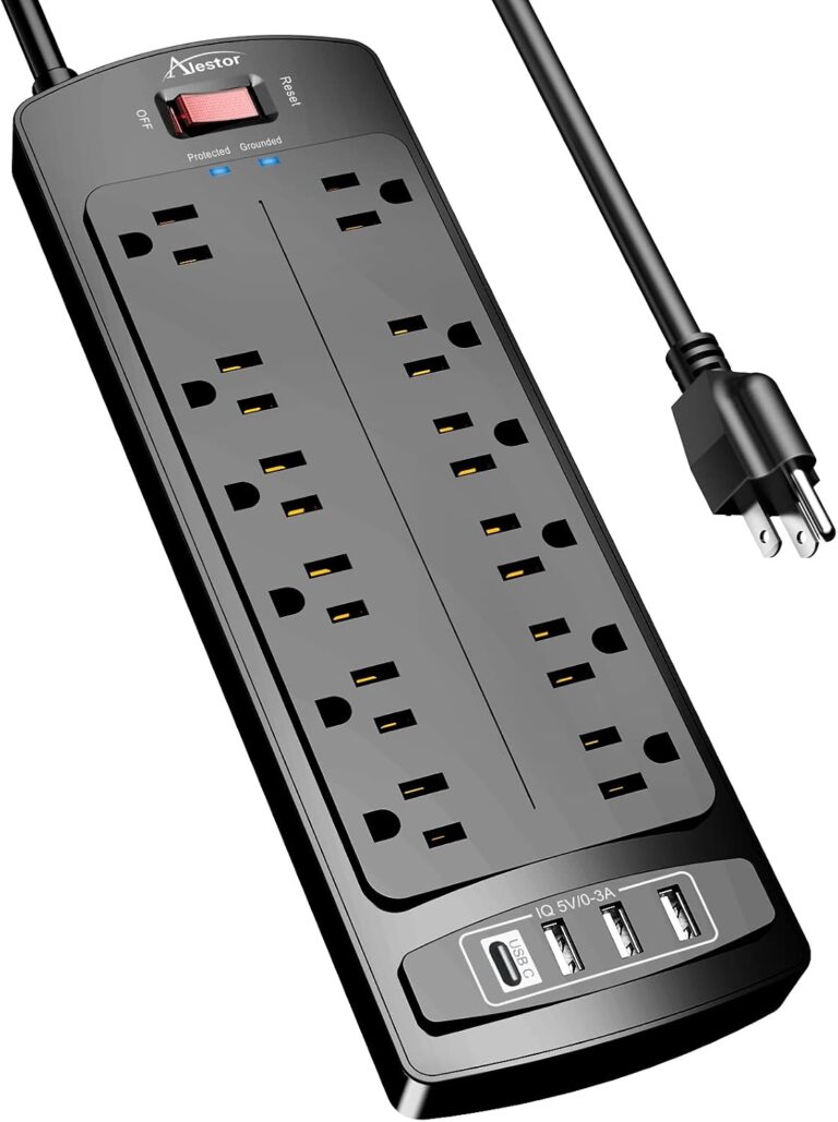ALESTOR power strip. Black power strip and cord.