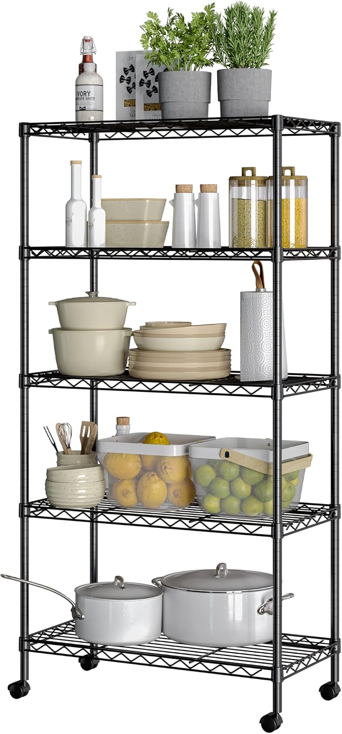 Seville Classics WEB675 shelving — Black / five tiers / 30 × 14 in footprint