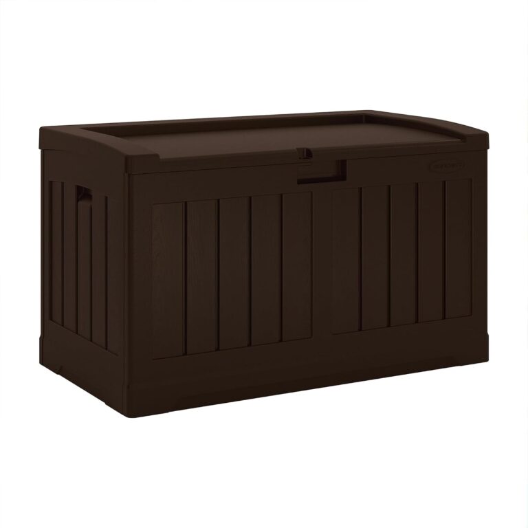 Suncast 50-gallon deck box. Closed Java brown storage box.