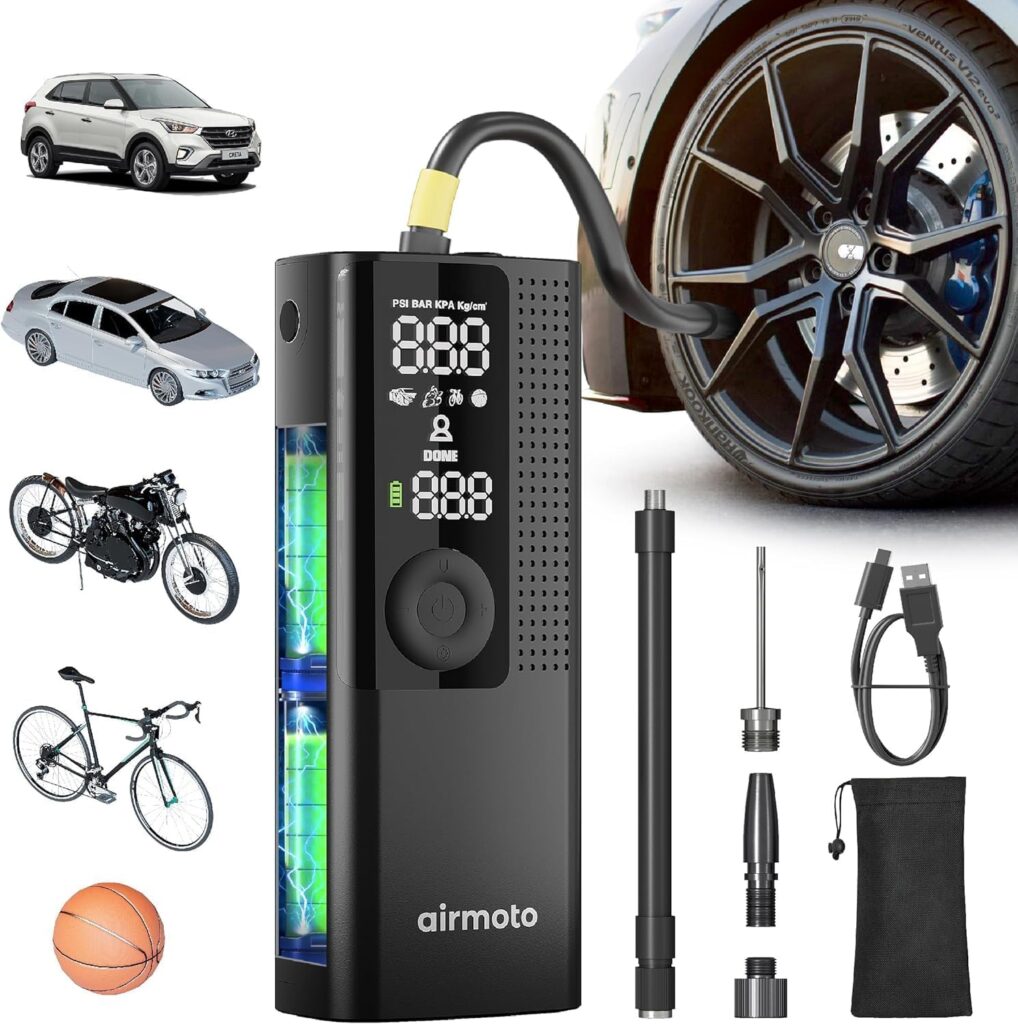 Airmoto tire inflator. Black inflator and accessories with examples of use.