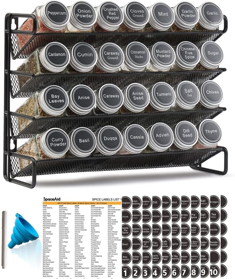 SpaceAid 28-jar spice rack. Spice rack with jars and labels; spices illustrate use.