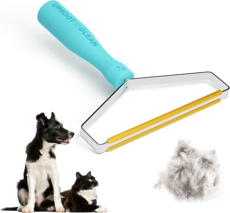 Uproot Cleaner Pro. Turquoise handled hair remover with pets illustrating its use.