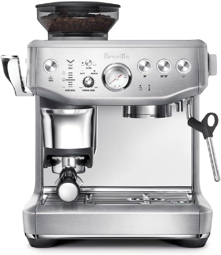 Breville Barista Express Impress. Brushed stainless steel espresso machine with integrated grinder.