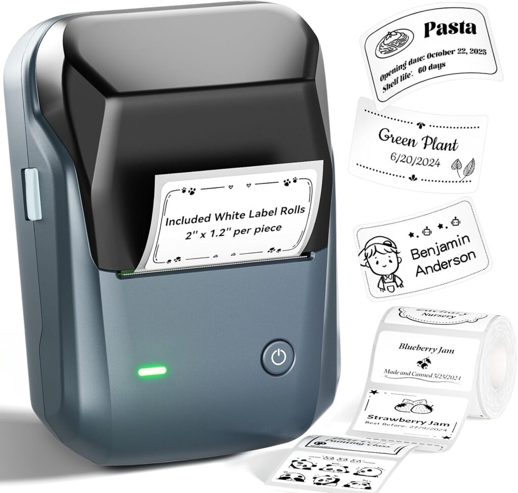 NIIMBOT B1 label maker. Blue label printer with roll and example labels.