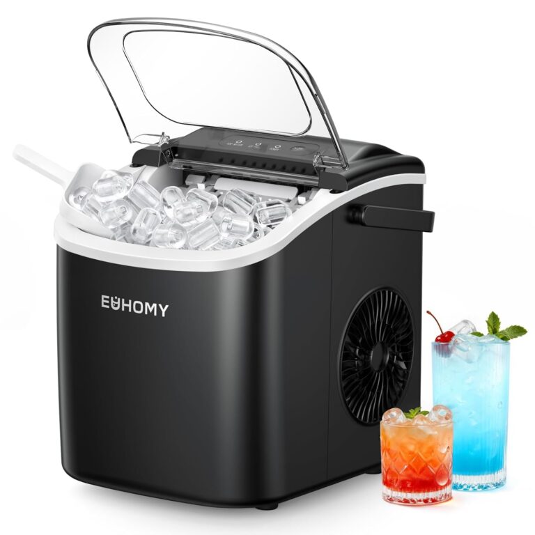 EUHOMY countertop ice maker. Black ice maker with carry handle and example drinks.