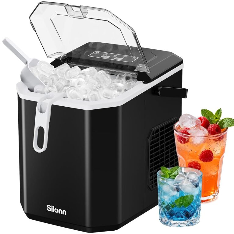 Silonn countertop ice maker. Black ice maker with handle and example drinks.