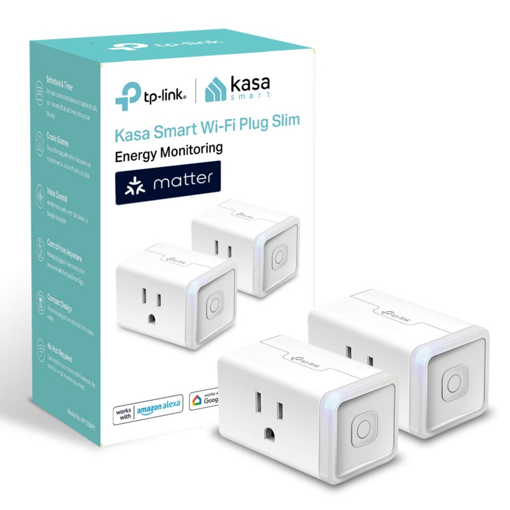 Kasa KP125M. Two white smart plugs and KP125M packaging.
