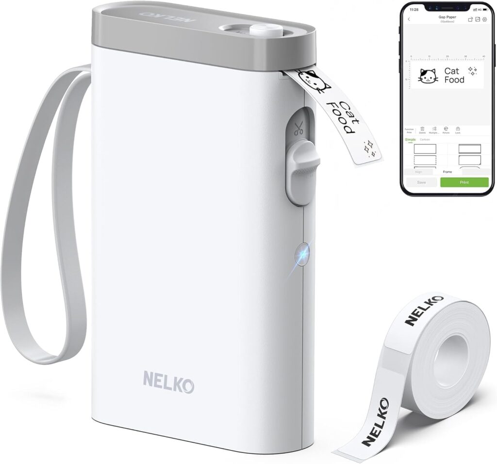 Nelko label maker. White label printer and roll; phone illustrates the app.