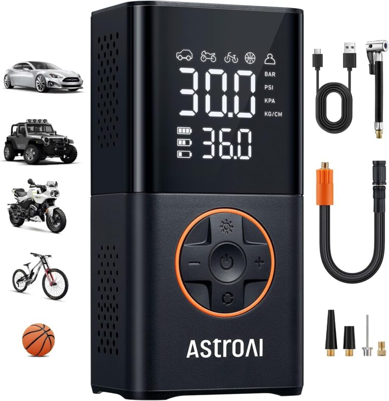 AstroAI portable inflator. Black and orange inflator, accessories and examples of use.