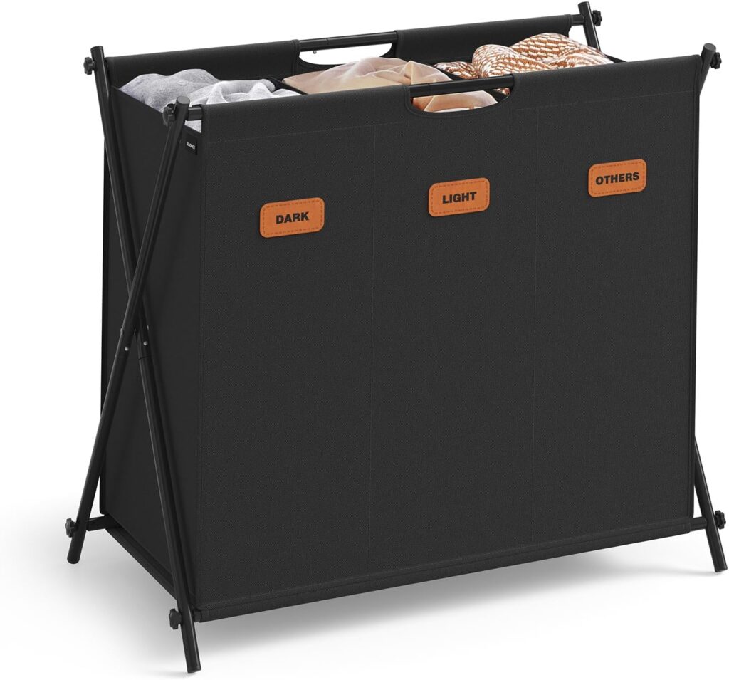 SONGMICS three-section laundry hamper — Three sections / collapsible X-frame / 35.6 gal total