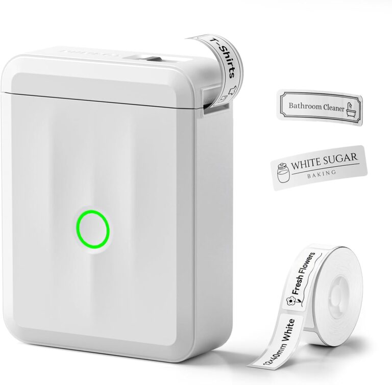 NIIMBOT Mini label maker. White label printer with roll and example labels.
