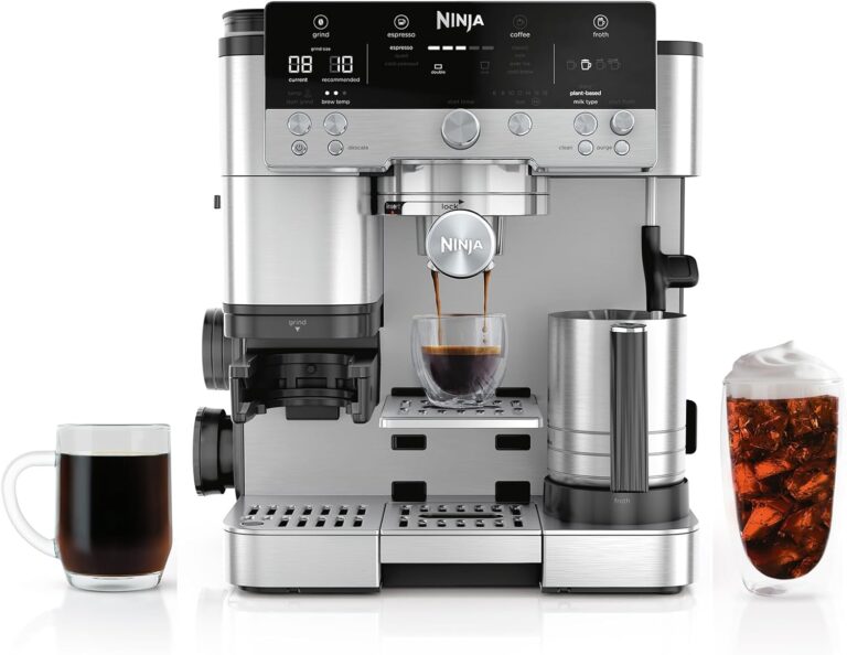 Ninja Luxe Café Premier. Stainless steel coffee machine with example drinks.