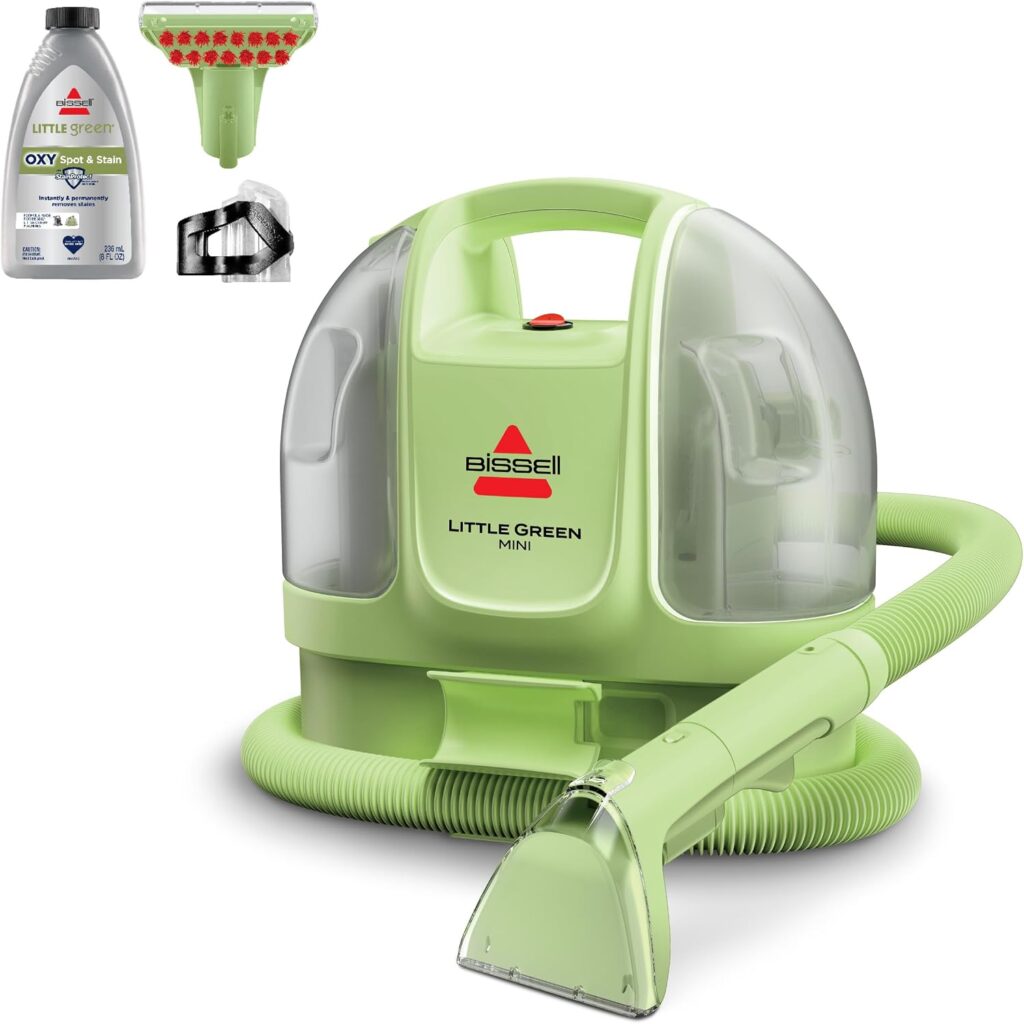 BISSELL Little Green Mini. Limpiadora portátil Tea Green con útiles de limpieza visibles.
