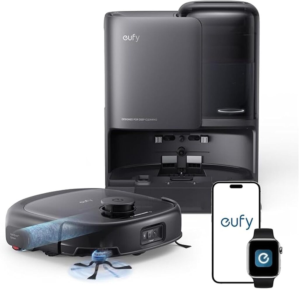 eufy E25. Black robot and dock, with app illustrations.