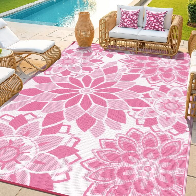 LOKHOM 6 × 9 outdoor rug — Pink and white / floral / 6 × 9 ft