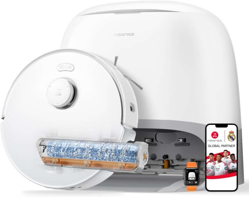 Roborock Qrevo Curv 2 Flow. White robot and dock, with illustrations of the roller and app.