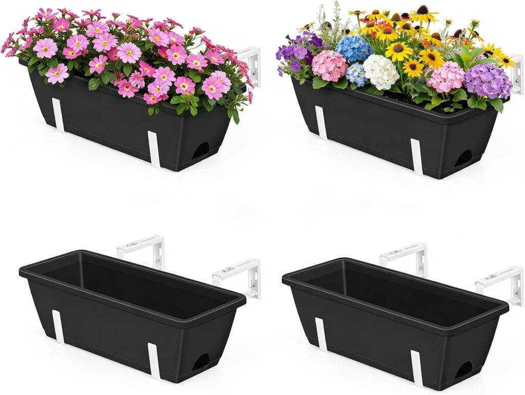 OYEAL railing planters, four-pack — Four black planters / white brackets