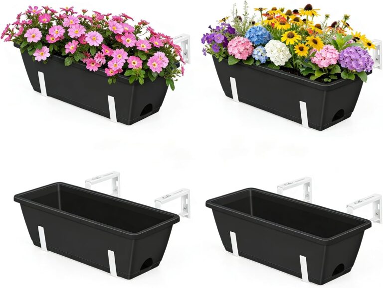 OYEAL railing planters, four-pack — Four black planters / white brackets