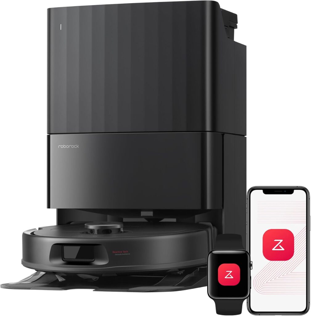 Roborock Qrevo S Pro. Black robot and dock, with app illustrations.