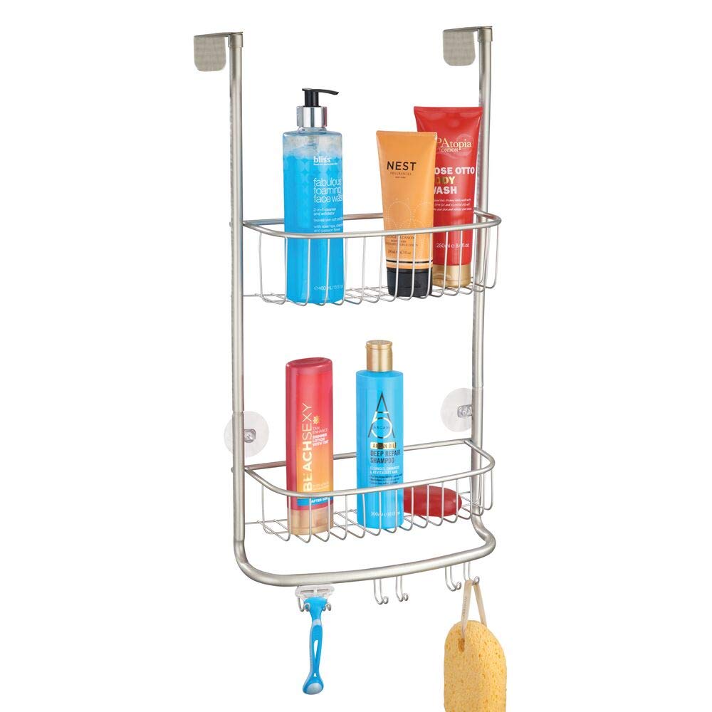Satin mDesign over-door shower caddy with two baskets and six hooks